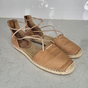 Eileen Fisher Leather Flat Espadrille Sz 8.5M Back Zip Pale‎ Beige Sandal Shoe